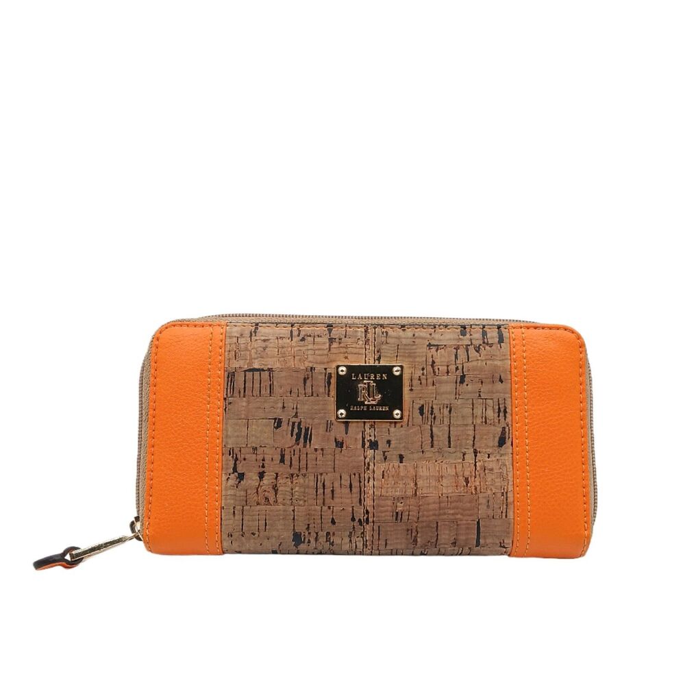 Ralph Lauren Orange Leather & Cork Wallet Clutch Womens 8” Zip Around Gold Tone